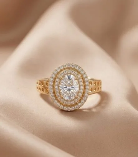 Round halo crystal ring on satin